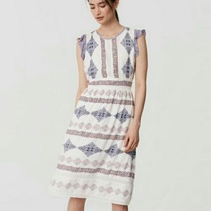 Embroidered White Midi Dress with Blue Pattern